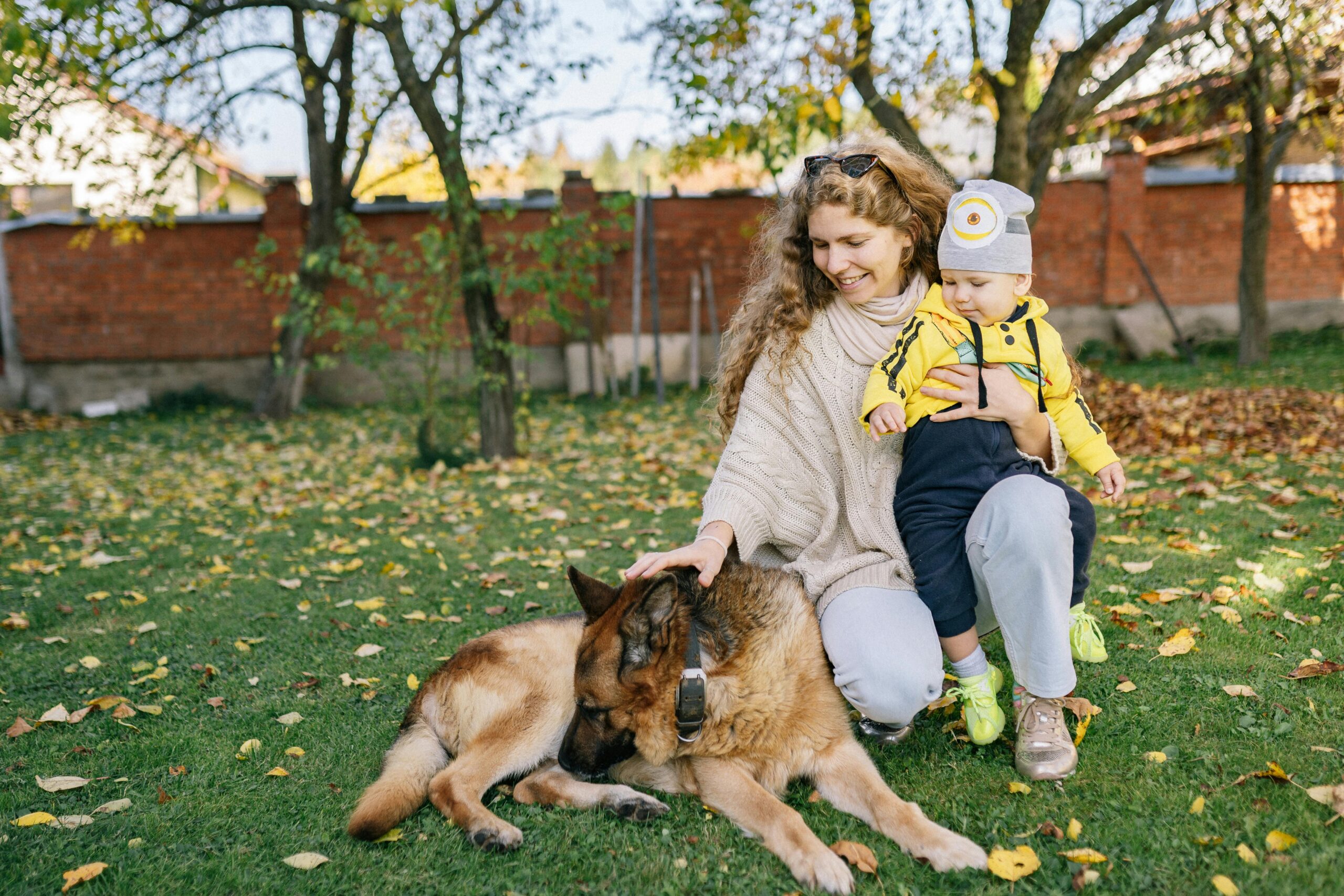 Woman Petting a Dog while Carrying a Baby